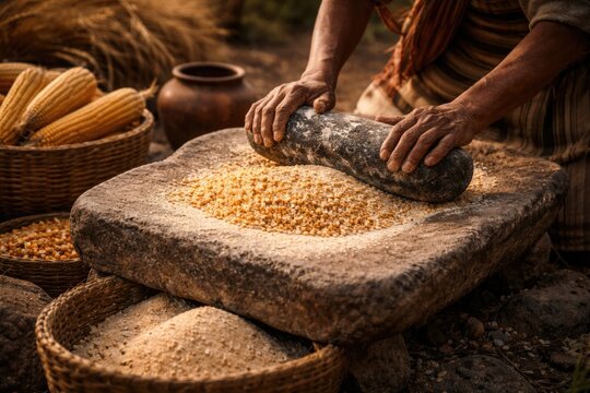 Traditional metate stone in rural grain processing