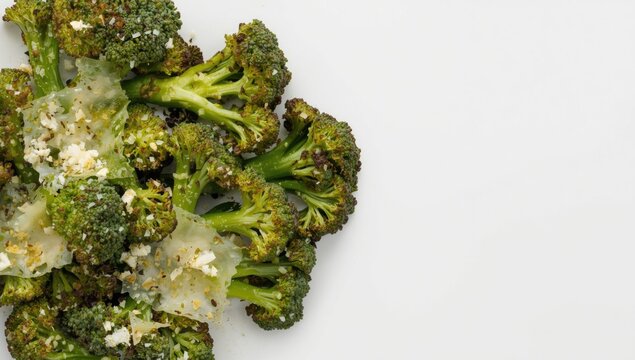 Above view of broccolini roasted and topped with parmesan cheese crisp on white background copy space
