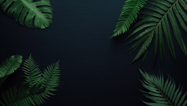 Tropical Leaves Arrangement on Black Surface Dark Background, Textured Detail