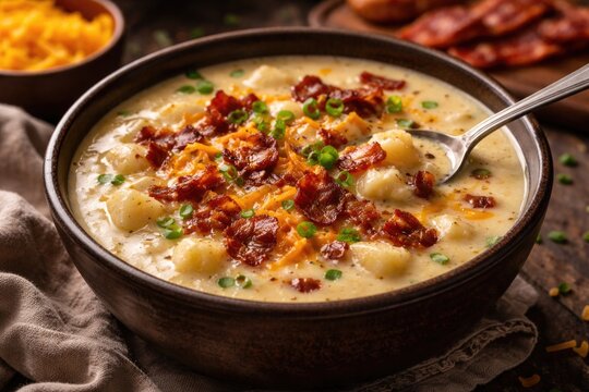 Velvety potato and cheese soup complemented by smoky bacon