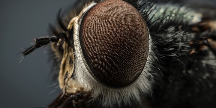 Clear macro shot emphasizing the textured facets of fly compound eye