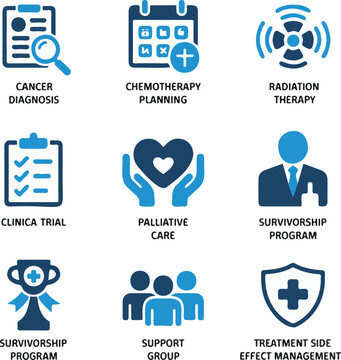 Oncology medical icon set, cancer diagnosis and chemotherapy planning symbols, radiation therapy and palliative care vector graphics for healthcare