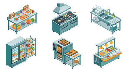 Naklejka premium Professional Restaurant Kitchen and Chef Cooking Workflow Isometric Vector Illustration Set