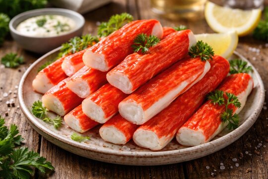 Fresh organic imitation crab meat sticks ready to serve