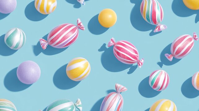 Modern retro style seamless pattern of pastel candies arranged on an aqua blue background, playful sweet confectionery design with soft vintage aesthetic, ideal for wallpaper, packaging, textile print
