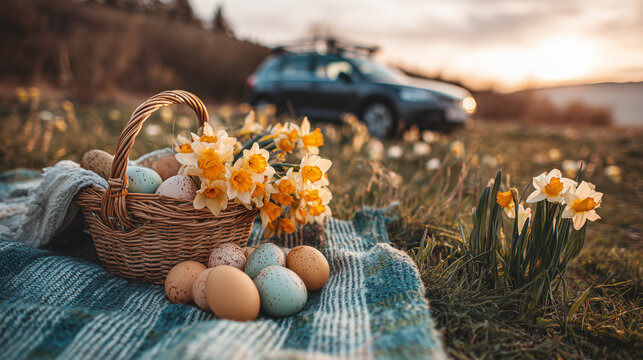 Spring picnic with basket flowers and colorful Easter eggs near parked car in countryside meadow ideal for seasonal holiday concepts