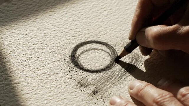 A skilled artist's hands guide a graphite pencil across textured paper, meticulously creating a circular shape with deliberate shading and light casting evocative shadows, symbolizing