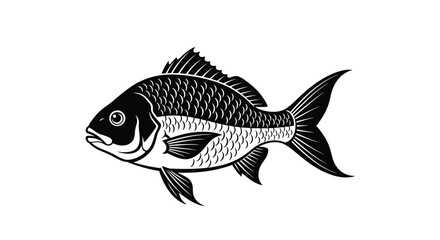 Fototapeta premium Detailed black and white woodcut style illustration of a fish with intricate scales and fins isolated on white.
