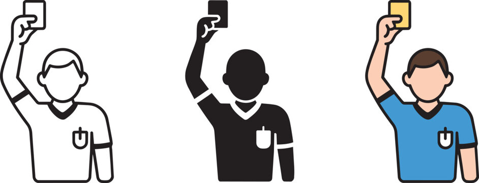 Soccer referee holding up a yellow card, vector illustration showing disciplinary action in football match, and clear graphic depiction in outline