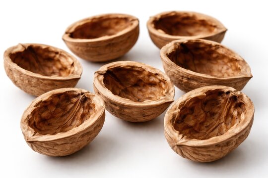 Isolated empty walnut shells close up with smooth white background texture