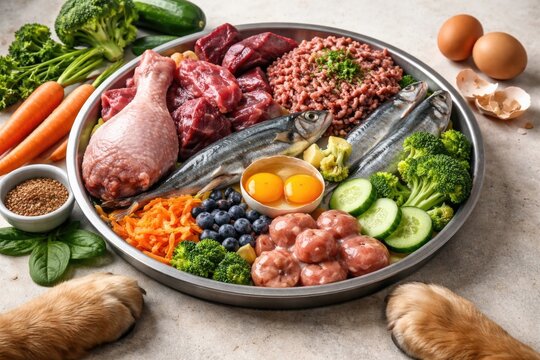 Raw BARF dog food platter with natural vegetables and eggs beside dog paws on simple backdrop