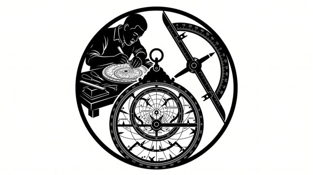 Black and white vector illustration of an astronomer drafting a celestial map with an astrolabe and navigation tool