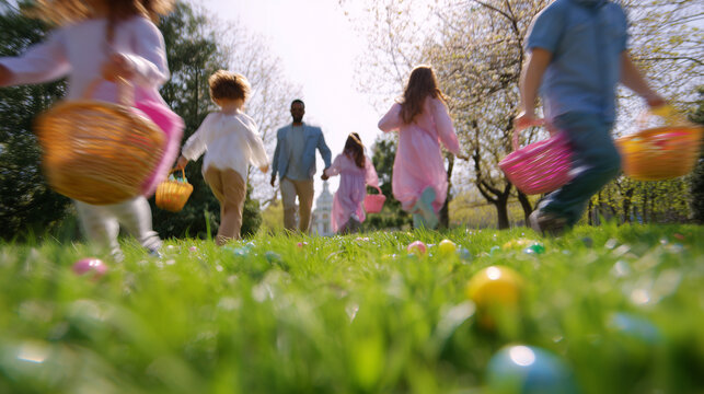 Children running through sunny spring meadow with Easter baskets during festive outdoor egg hunt celebration for family holiday and childhood concepts
