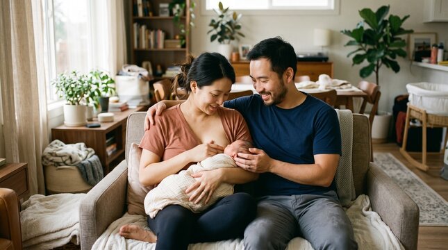 A smiling young couple bonds closely with their newborn baby on a cozy living room sofa, showcasing a tender moment of early parenthood