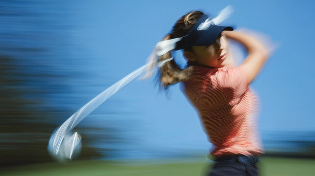 Female golfer swinging club during dynamic motion blur on sunny golf course for professional sports training and active lifestyle concepts