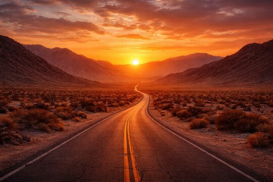 Soft glowing sunset over barren desert route amidst high elevation hills