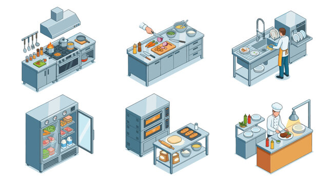 Professional Restaurant Kitchen and Chef Cooking Workflow Isometric Vector Illustration Set