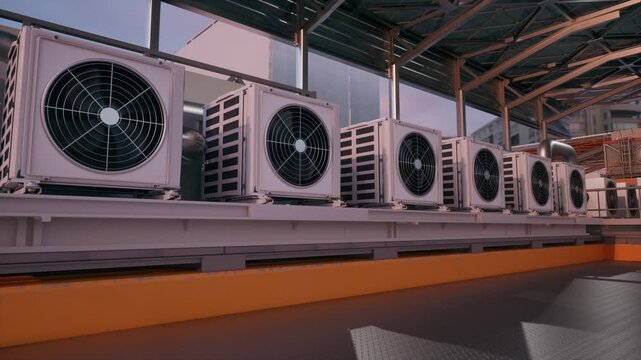 Long row of white outdoor HVAC air conditioner condenser units at an industrial facility. Perfect for HVAC, cooling, ventilation, climate control, air conditioning, and energy content.