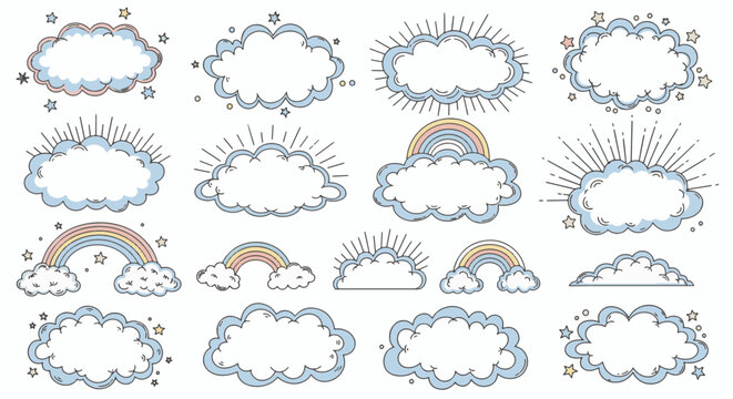 Collection of hand-drawn cute clouds in a minimalist doodle style. Set of various fluffy cloud shapes and weather elements isolated on a white background. EPS vector illustration.