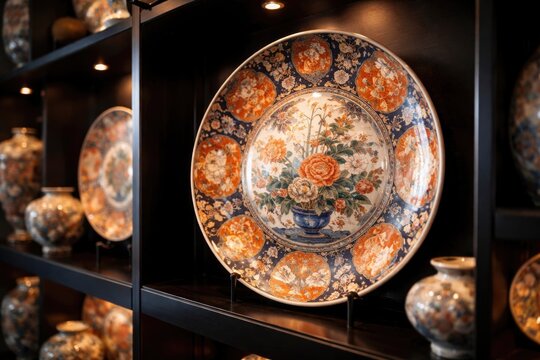 Soft focus backdrop highlighting Japanese Imari ware plate on sleek lacquer shelving wall for large format print