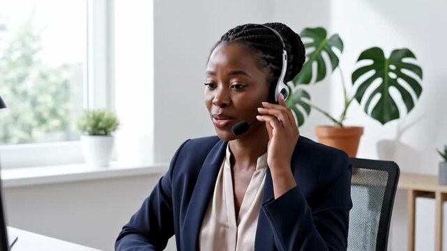 smiling african american woman wearing headset in bright modern office. friendly customer support agent working at call center. online virtual assistant, telemarketing operator, business communication