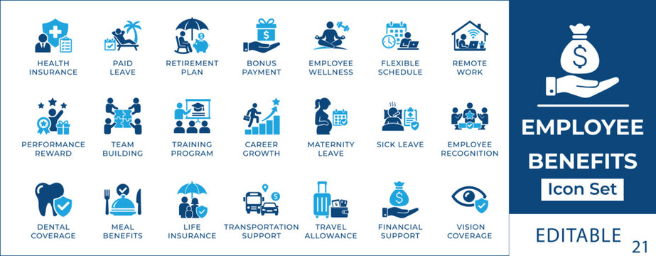 Employee benefits icon set featuring healthcare coverage, retirement planning, dental care, vacation perks, corporate rewards, maternity leave, and workplace wellness symbols.