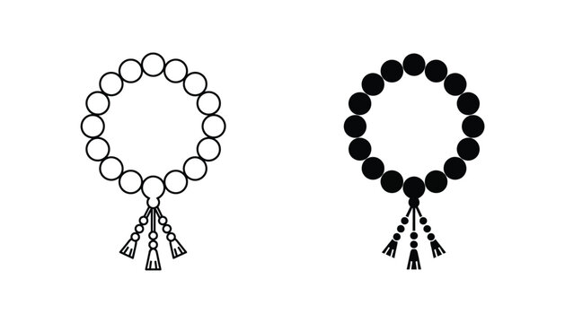 Prayer beads or rosary vector icon set in line art and solid black fill styles for spiritual and religious design projects isolated on white background