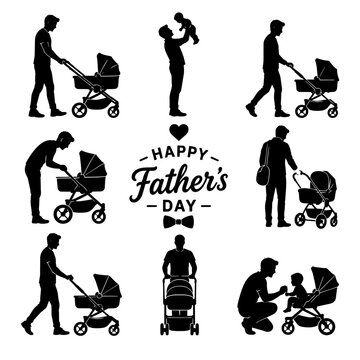 Fathers with babies and strollers flat design silhouettes