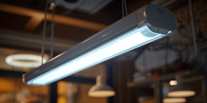 Bright fluorescent tube light fixture hanging indoors