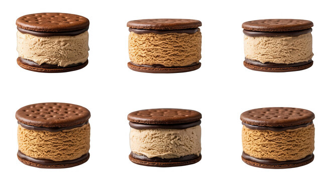 delicious ice cream sandwiches of chocolate cookies and caramel ice cream various perspectives on a plain background for food and dessert photography