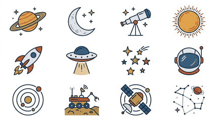 Collection of Space Exploration and Celestial Body Icons. © andi