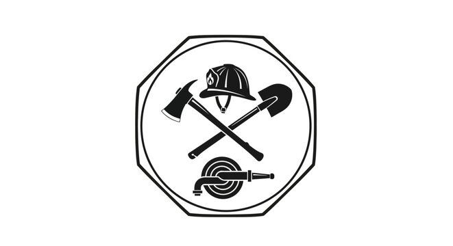 Firefighter Emblem: A stylized black and white emblem featuring crossed axe and shovel, a firefighter helmet, and a water hose nozzle, representing courage and rescue.