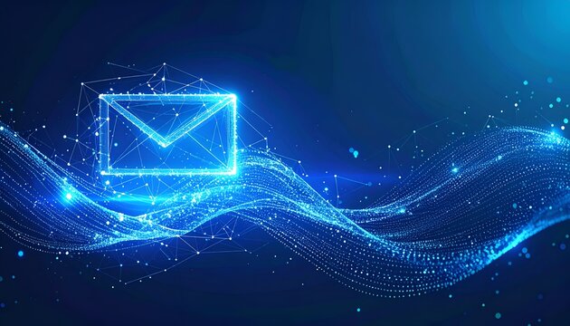 Glowing mail icon amidst blue network lines, creating a digital design