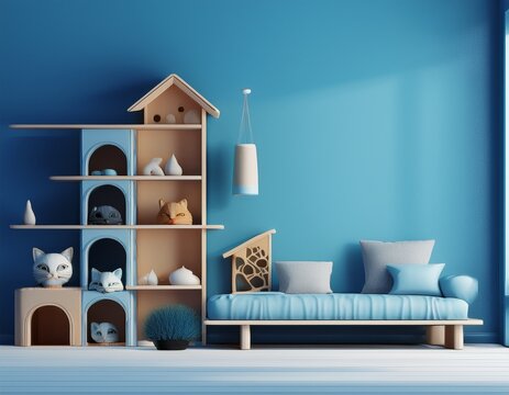 cat s room interior in blue wall with cat house and cat condo room designed for cat 3d rendering
