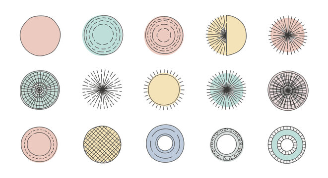 Set of various hand-drawn cute vector circles, scribbles, and round doodle frames on a white background for graphic design, bullet journal highlights, and decorative annotations.