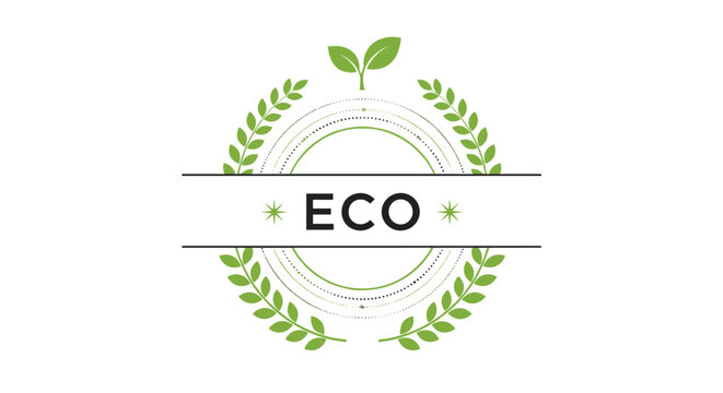 Professional eco friendly label design featuring green laurel leaves and a small sprout symbolising natural products.