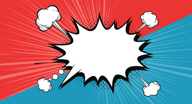 Dynamic comic book style explosion bubble set against a vibrant red and blue sunburst background with white smoke clouds.