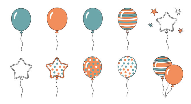 Assortment of festive party balloons in various shapes and patterns including stars and dots in soft muted color tones.