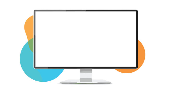 Modern desktop computer monitor with a blank white screen placed over abstract colorful shapes for tech presentations.