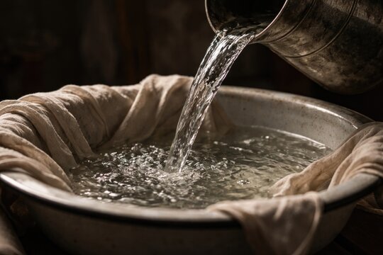 Close up of water flowing from a pitcher into a basin with a cloth draped