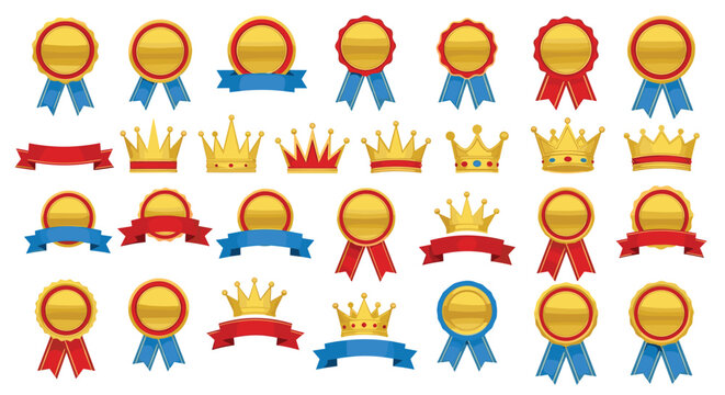 Extensive collection of golden medals with colorful ribbons and various royal crown icons for achievement and success.