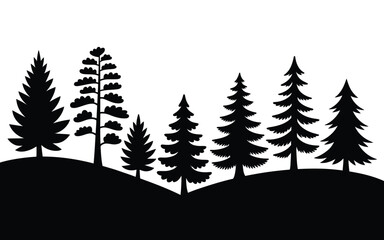 Black silhouette of diverse pine trees and conifers on hilly landscape vector illustration with silhouette illustration tranquil © Urmi Bagum Urme