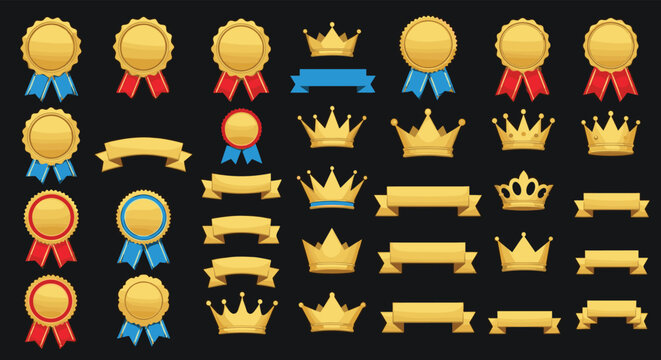 Collection of golden crown icons trophy badges and yellow ribbon banners isolated on a black background.