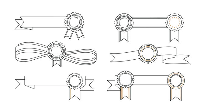 Set of outline ribbon banners and circular seals for creating professional certificates or award designs.