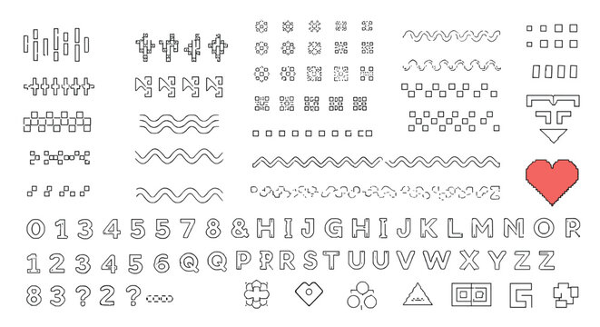Big set of decorative line elements icons alphabet and numbers in a technical or futuristic drawing style.