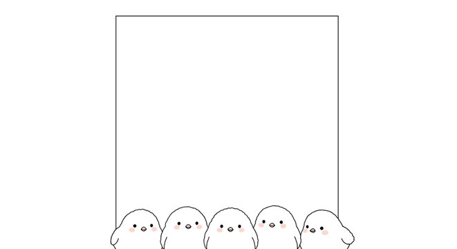 Vertical rectangular frame with five cute round white birds standing in a row at the bottom edge.