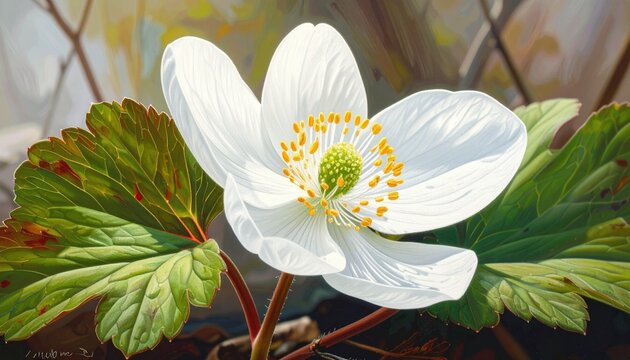 White bloodroot flower in bloom with split leaves and yellow center in natural spring setting