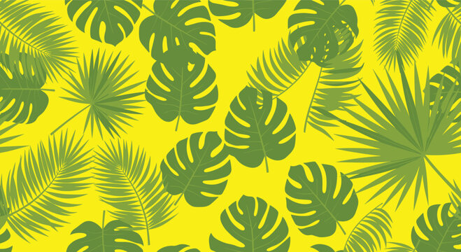 Vibrant seamless pattern of green tropical monstera and palm leaves scattered on a bright yellow background for a summer botanical theme.