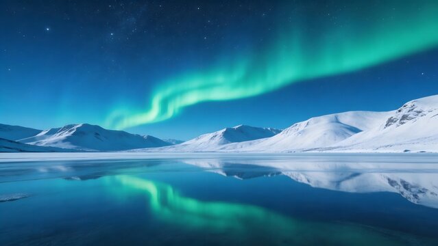 Northern lights over snowy mountains
