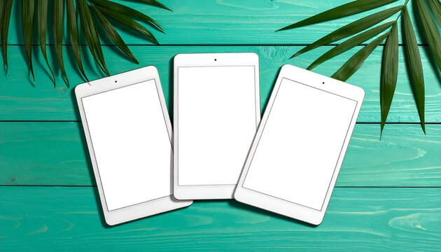 Three tablets lie on a teal surface surrounded by green tropical leaves